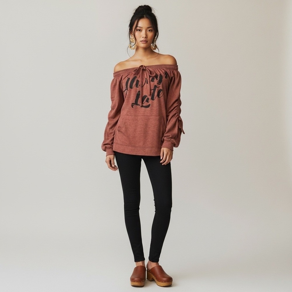 WanderLux Always Late Off Shoulder Slouchy Pullover Sweatshirt Long Sleeve Brown